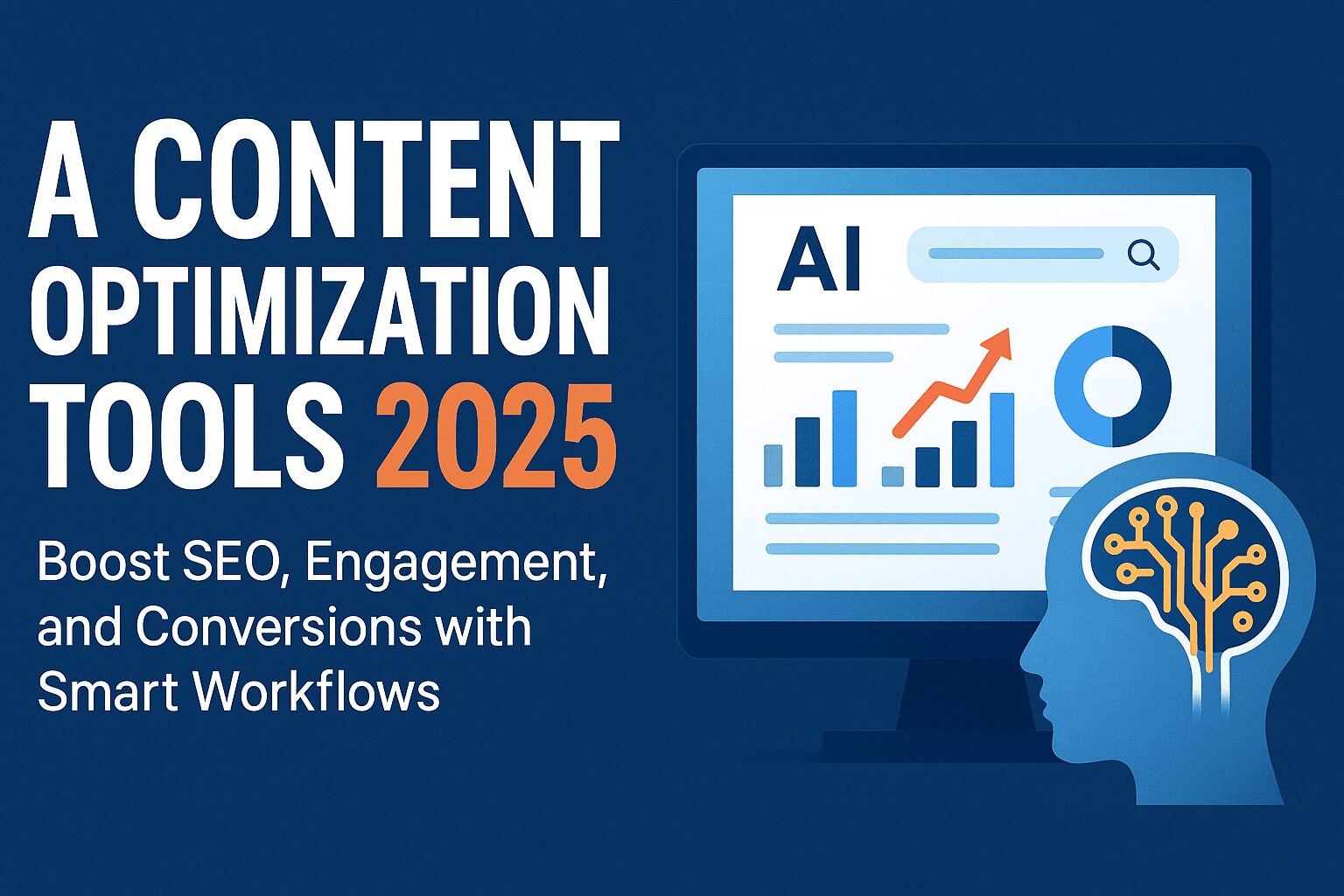 The image features the text A Content Optimization Tools 2025 with AI-driven data visuals and charts.
